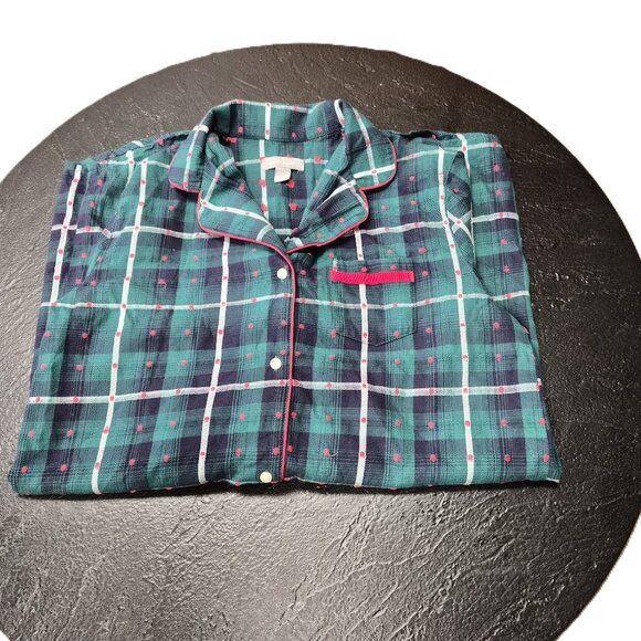 Lord&Taylor Cotton Plaid Nightshirt Pajama Top M Green with Red Embroidered Dots - Picture 4 of 6